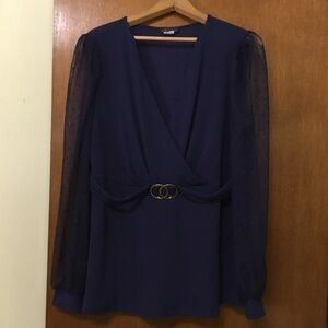 VENUS Navy Blue Blouse with Sheer Sleeves